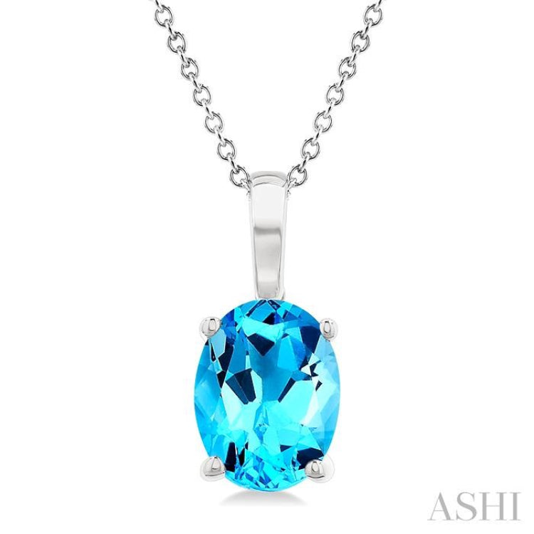 8X6 MM Oval Cut Blue Topaz Semi-Precious Solitaire Pendant With Chain in 14K White Gold