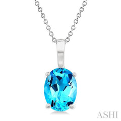 8X6 MM Oval Cut Blue Topaz Semi-Precious Solitaire Pendant With Chain in 14K White Gold