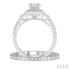 1 Ctw Baguette and Round Cut Diamond Wedding Set With 3/4 Ctw Cushion Shape Oval Cut Engagement Ring and 1/5 Ctw Wedding Band in 14K White Gold