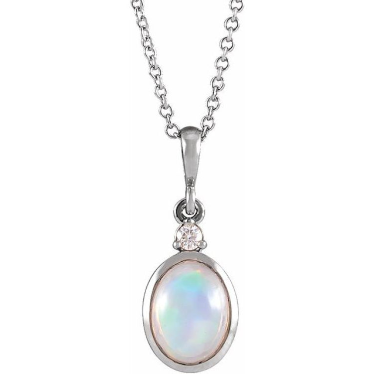 Sterling Silver 8x6 mm Natural Ethiopian Opal & .03 CT Natural Diamond 16-18" Necklace