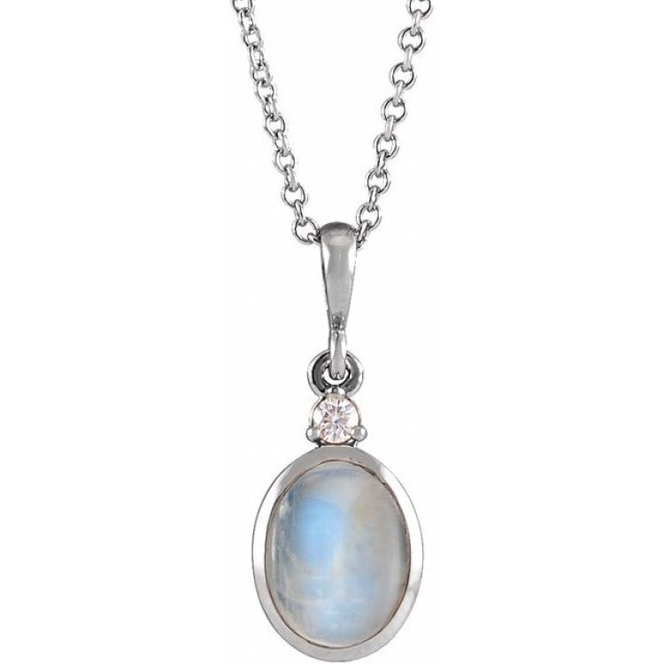 14K White Gold 6x4 mm Natural Rainbow Moonstone & .015 CT Natural Diamond 16-18" Necklace