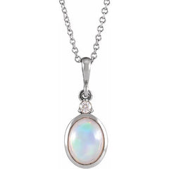 14K White Gold 6x4 mm Natural Ethiopian Opal & .015 CT Natural Diamond 16-18" Necklace