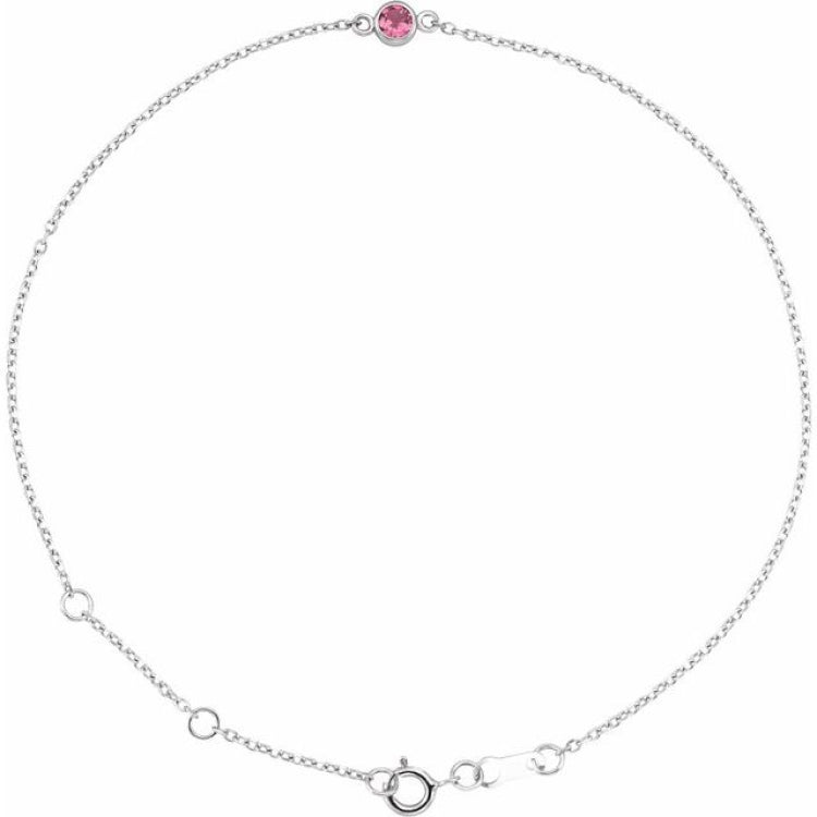 14K White Gold Natural Pink Tourmaline Bezel-Set Solitaire 6 1/2-7 1/2" Bracelet