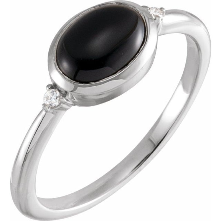 Sterling Silver 8x6 mm Round Natural Black Onyx & .03 CTW Natural Diamond Ring