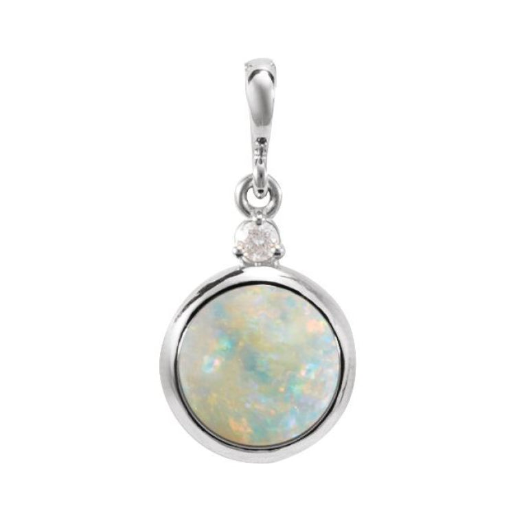 14K White Gold 8 mm Natural White Opal & .03 CT Natural Diamond Pendant