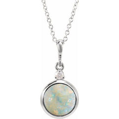 Platinum 8 mm Natural White Opal & .03 CT Natural Diamond Cabochon 16-18" Necklace