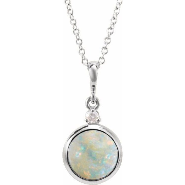 14K White Gold 6 mm Natural White Opal & .03 CT Natural Diamond Cabochon 16-18" Necklace