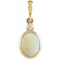 14K Yellow Gold 12x10 mm Natural White Opal & .03 CT Natural Diamond Cabochon Pendant