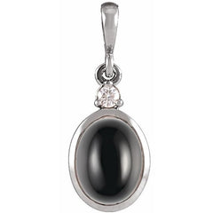 14K White Gold 12x10 mm Natural Black Onyx & .03 CT Natural Diamond Cabochon Pendant
