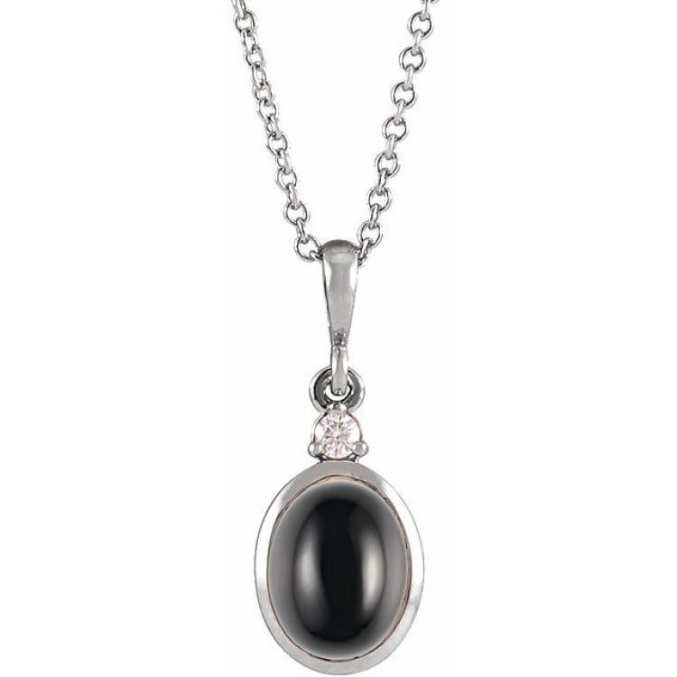 14K White Gold 12x10 mm Natural Black Onyx & .03 CT Natural Diamond 16-18" Necklace