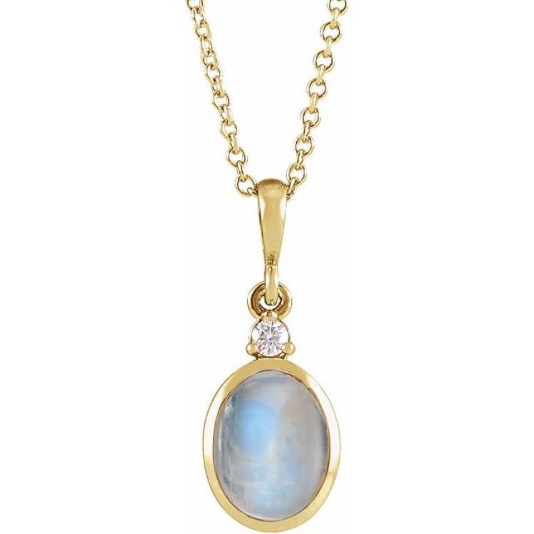 14K Yellow Gold 10x8 mm Natural Rainbow Moonstone & .03 CT Natural Diamond 16-18" Necklace