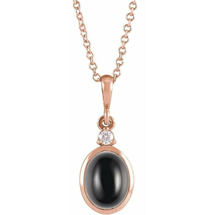 14K Rose Gold 9x7 mm Natural Black Onyx & .03 CT Natural Diamond 16-18" Necklace