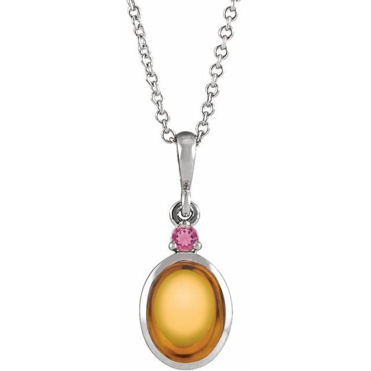 14K White Gold 8x6 mm Natural Citrine & Natural Pink Tourmaline 16-18" Necklace