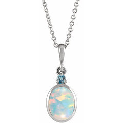 Platinum 8x6 mm Lab-Grown White Opal & Natural London Blue Topaz 16-18" Necklace