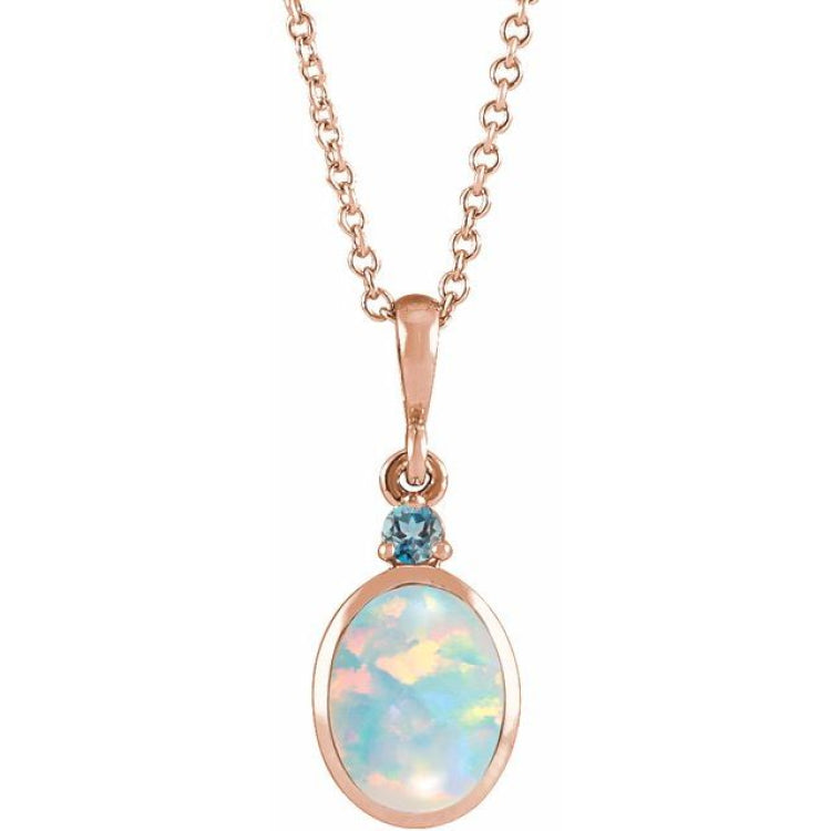 14K Rose Gold 6x4 mm Lab-Grown White Opal & Natural London Blue Topaz 16-18" Necklace