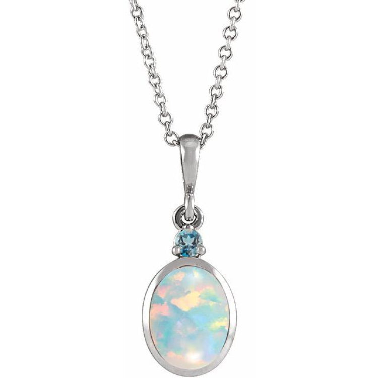14K White Gold 6x4 mm Lab-Grown White Opal & Natural London Blue Topaz 16-18" Necklace