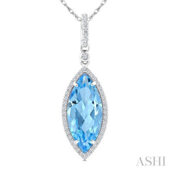 16X7 MM Marquise Shape Blue Topaz and 1/5 Ctw Round Cut Diamond Semi-Precious Pendant With Chain in 10K White Gold