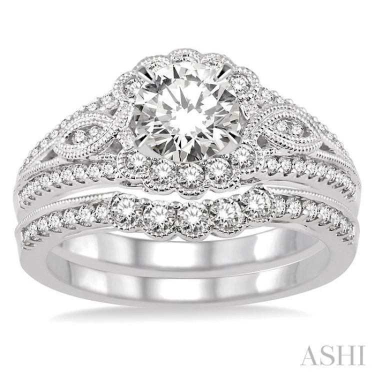 1 1/2 Ctw Diamond Wedding Set with 1 1/6 Ctw Round Cut Engagement Ring and 1/3 Ctw Wedding Band in 14K White Gold