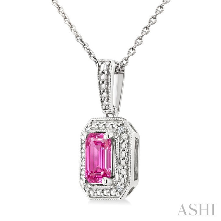 7X5 MM Octagon Shape Lab-Created Pink Sapphire and 1/50 Ctw Round Cut Diamond Precious Pendant With Chain in Sterling Silver