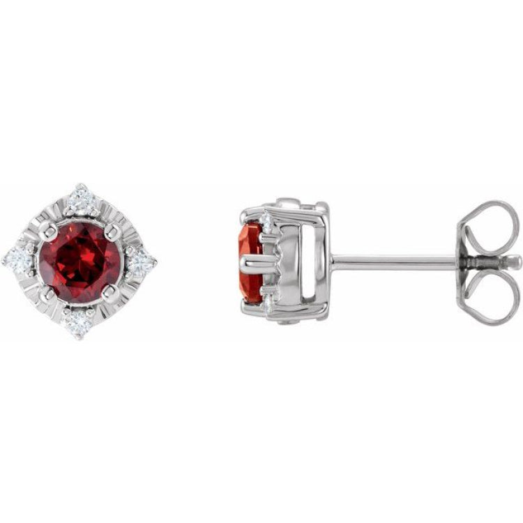 Sterling Silver Natural Mozambique Garnet & .08 CTW Natural Diamond Halo-Style Earrings