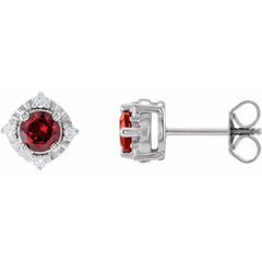 Sterling Silver Natural Mozambique Garnet & .08 CTW Natural Diamond Halo-Style Earrings