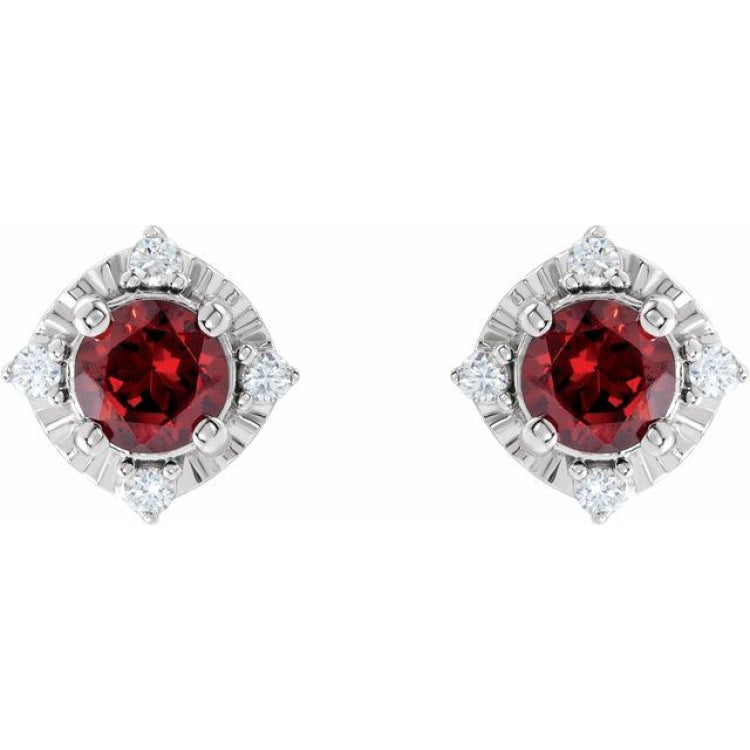 Sterling Silver Natural Mozambique Garnet & .08 CTW Natural Diamond Halo-Style Earrings