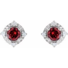 Sterling Silver Natural Mozambique Garnet & .08 CTW Natural Diamond Halo-Style Earrings