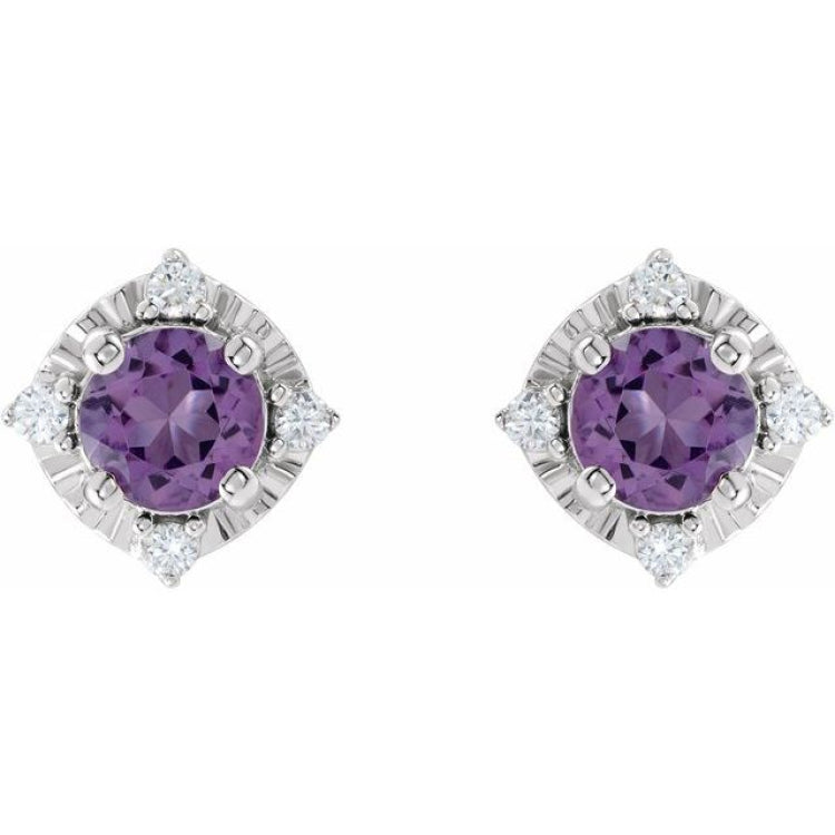 Sterling Silver Natural Amethyst & .08 CTW Natural Diamond Halo-Style Earrings