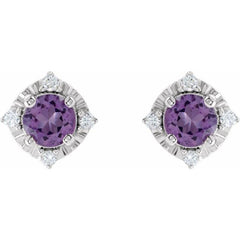 Sterling Silver Natural Amethyst & .08 CTW Natural Diamond Halo-Style Earrings