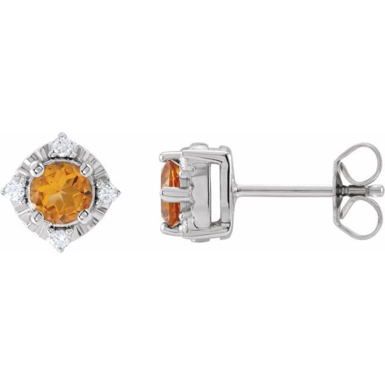 Sterling Silver Natural Citrine & .08 CTW Natural Diamond Halo-Style Earrings