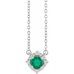 14K White Gold Lab-Grown Emerald & .04 CTW Natural Diamond Halo-Style 18" Necklace