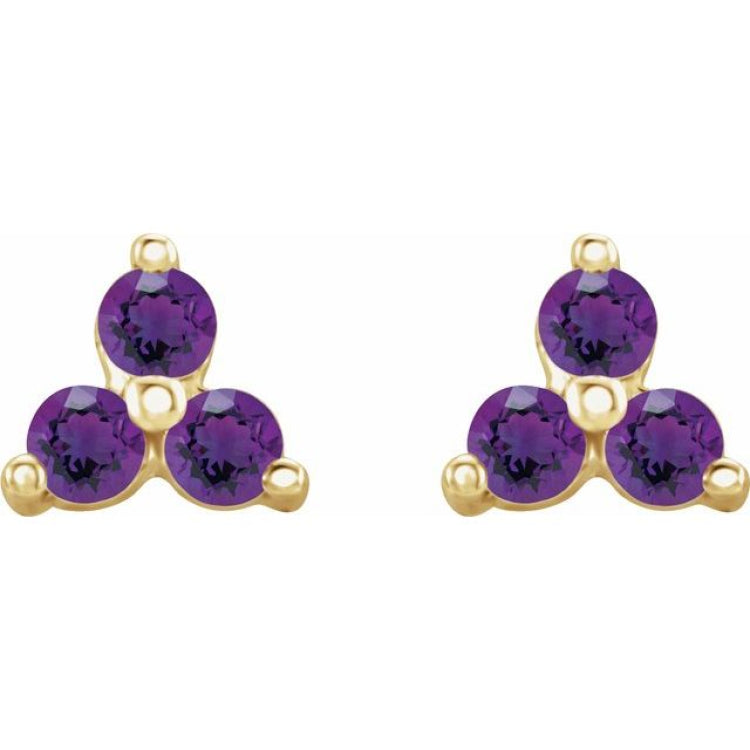 14K Yellow Gold Natural Amethyst Three Stone Earrings