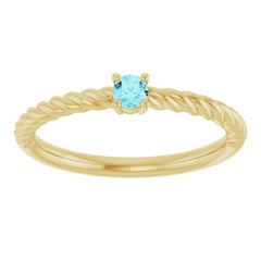 14K Yellow Gold 3 mm Natural Blue Zircon Solitaire Rope Ring