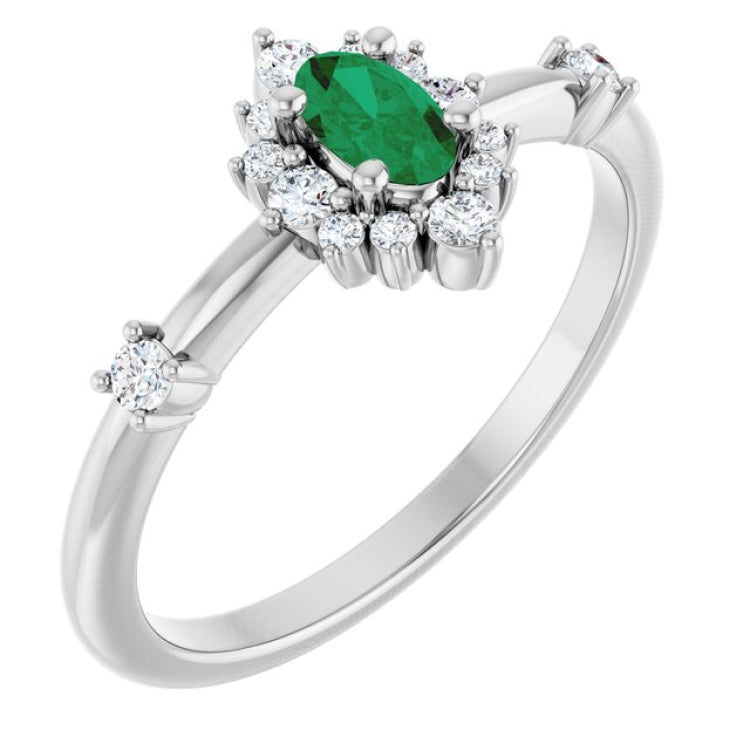 14K White Gold Natural Emerald & 1/6 CTW Natural Diamond Halo-Style Ring