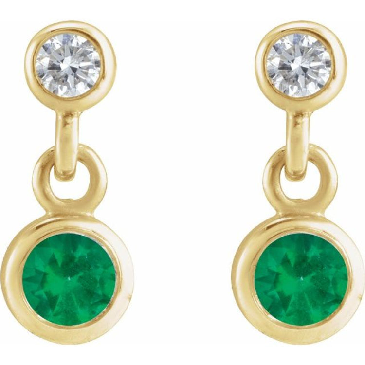 14K Yellow Gold Lab-Grown Emerald & .05 CTW Natural Diamond Two-Stone Earrings