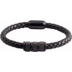 Black PVD Stainless Steel 6 mm Braided Leather 8 1/8" Bracelet