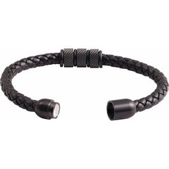 Black PVD Stainless Steel 6 mm Braided Leather 9" Bracelet