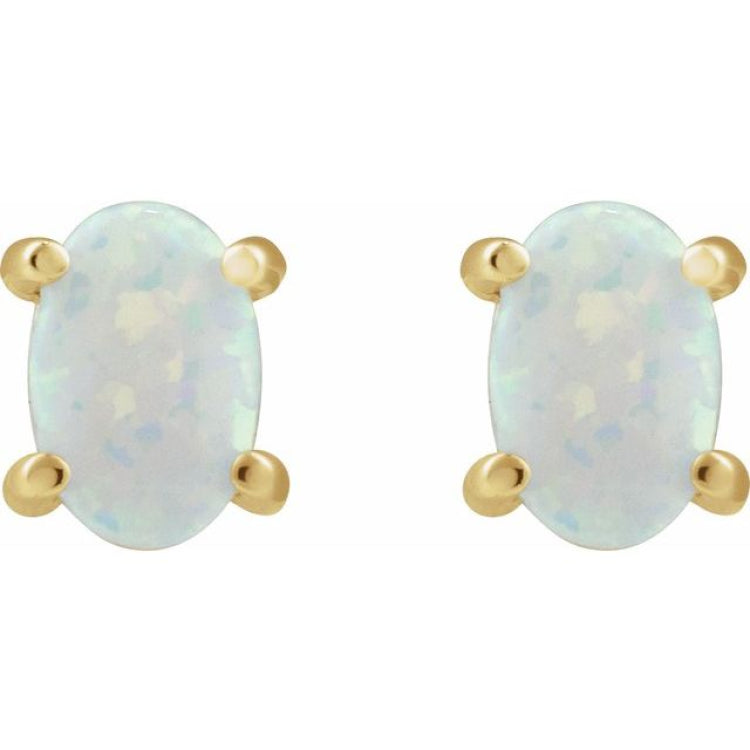 14K Yellow Gold 6x4 mm Oval Lab-Grown White Opal Earrings
