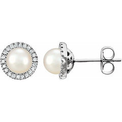 14K White Gold Cultured White Freshwater Pearl & 1/8 CTW Natural Diamond Earrings