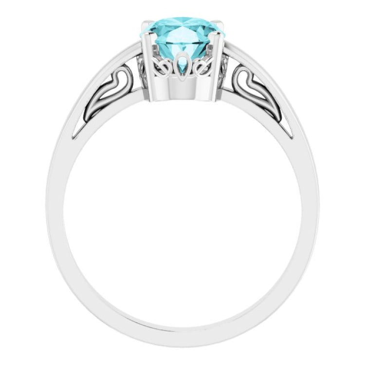 14K White Gold Natural Blue Zircon Solitaire Scroll Setting® Ring