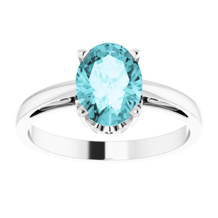 14K White Gold Natural Blue Zircon Solitaire Scroll Setting® Ring