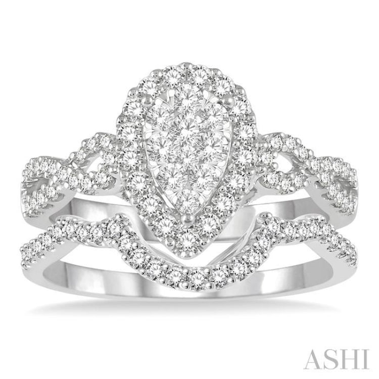 7/8 Ctw Lovebright Diamond Wedding Set With 3/4 Ctw Pear Shape Engagement Ring and 1/5 Ctw Arched Wedding Band in 14K White Gold