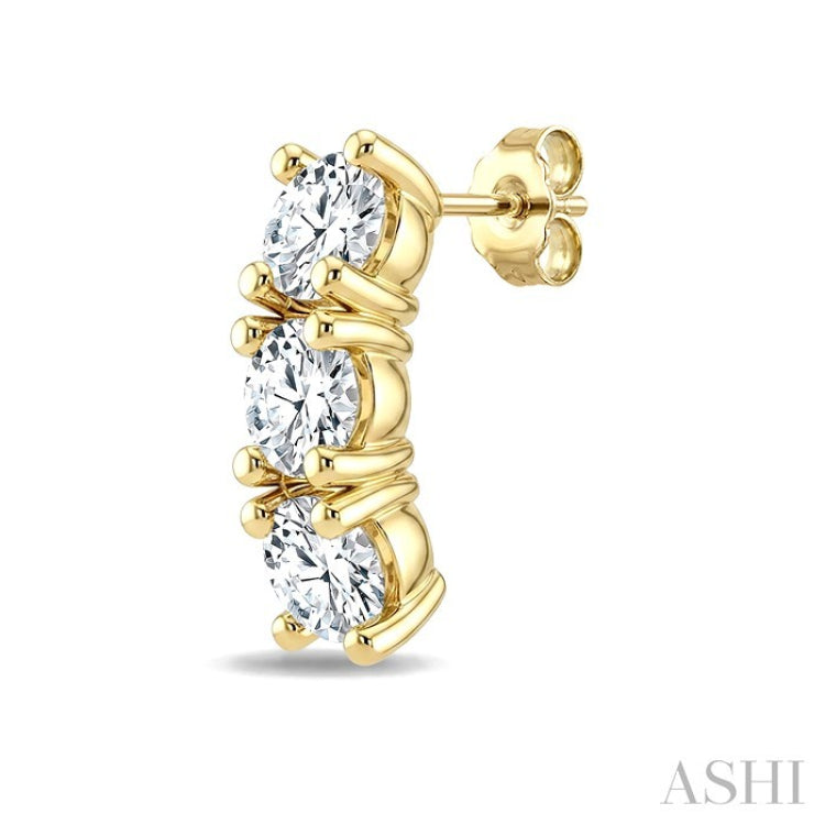 1/2 Ctw 3-Stone Round Cut Diamond Fashion Earrings in 14K Yellow Gold
