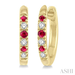 1.10 MM, 1.25 MM and 1.45 MM Round Shape Ruby and 1/20 Ctw Round Cut Diamond Precious Hoop Earrings in 10K Yellow Gold