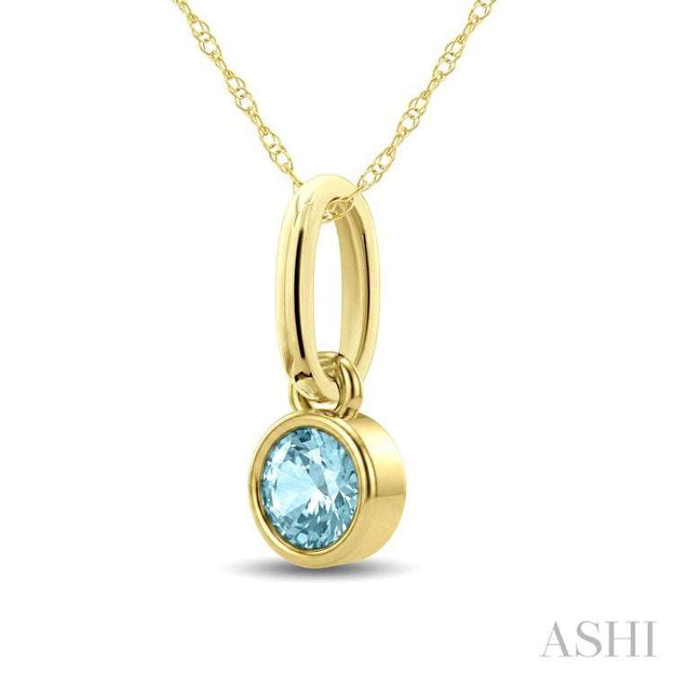 3X3 MM Round Shape Aquamarine Bezel Set Semi-Precious Solitaire Pendant With Chain in 10K Yellow Gold