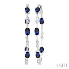 5X3 MM Oval Shape Sapphire and 7/8 Ctw Round Cut Diamond Precious Inside-Out Hoop Earrings in 14K White Gold