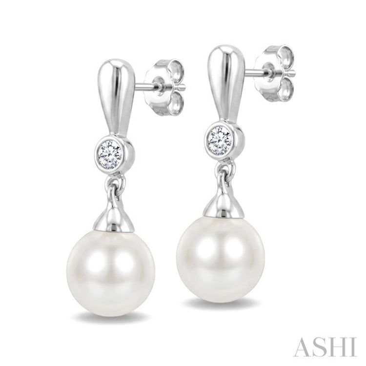 6 MM White Cultured Pearl and 1/20 Ctw Round Cut Diamond Earrings in 10K White Gold