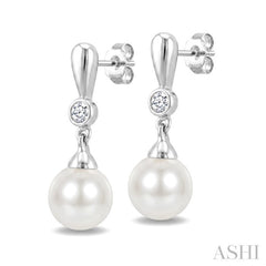 6 MM White Cultured Pearl and 1/20 Ctw Round Cut Diamond Earrings in 10K White Gold