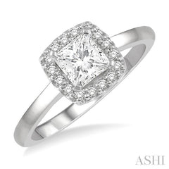 5/8 Ctw Halo Round Cut Diamond Ladies Engagement Ring With 1/2 Ct Princess Cut Center Stone in 14K White Gold