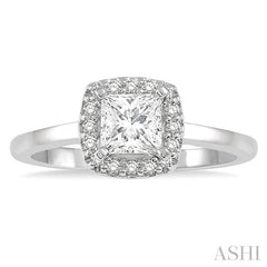 5/8 Ctw Halo Round Cut Diamond Ladies Engagement Ring With 1/2 Ct Princess Cut Center Stone in 14K White Gold